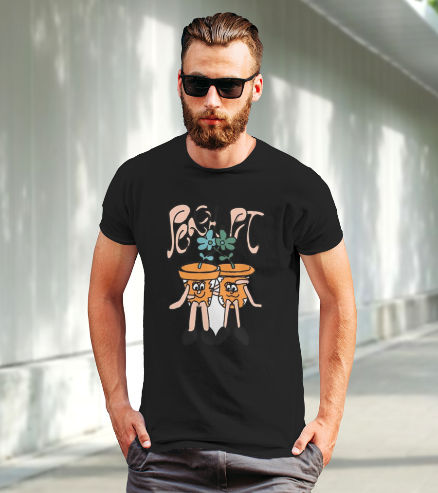 Peach Pit Dancing Flower Pots Duo Playful Cartoon Typography T-Shirt