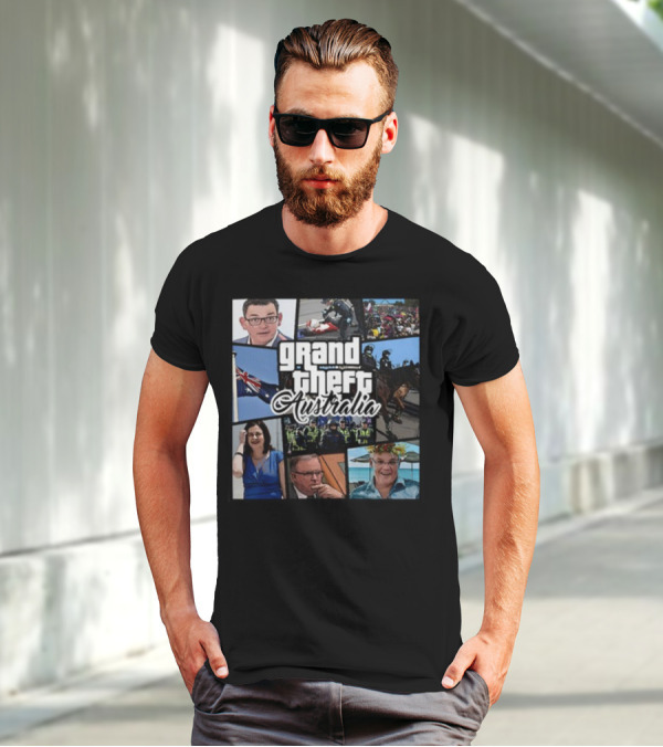 Grand Theft Australia Aussiebotstudio Political And Cultural Satire Collage T-Shirt