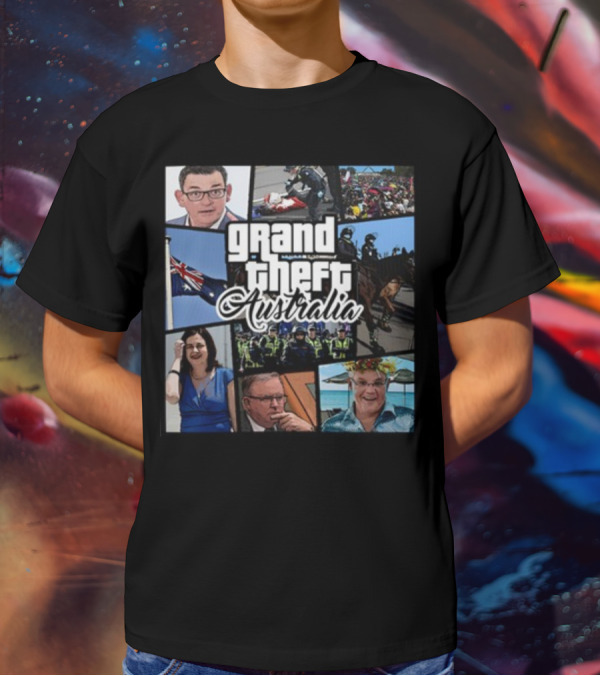 Grand Theft Australia Aussiebotstudio Political And Cultural Satire Collage T-Shirt