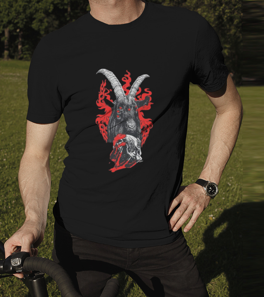 Blackcraft Cult Baphomet Goat Devil Skull With Red Flames And Hexed Hooves T-Shirt