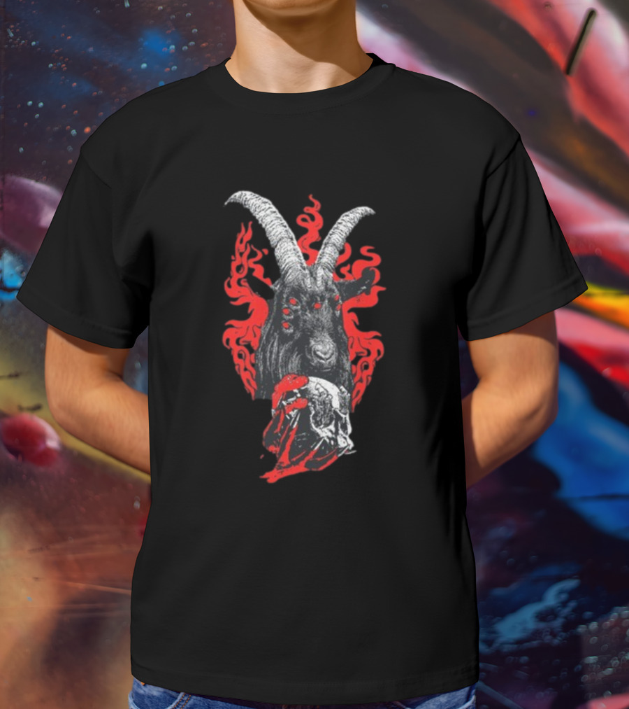 Blackcraft Cult Baphomet Goat Devil Skull With Red Flames And Hexed Hooves T-Shirt