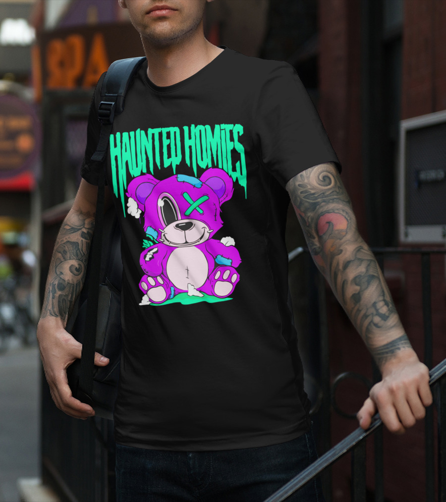 HAUNTED HOMIES Purple Teddy Bear Crossed Eye Patchwork T-Shirt