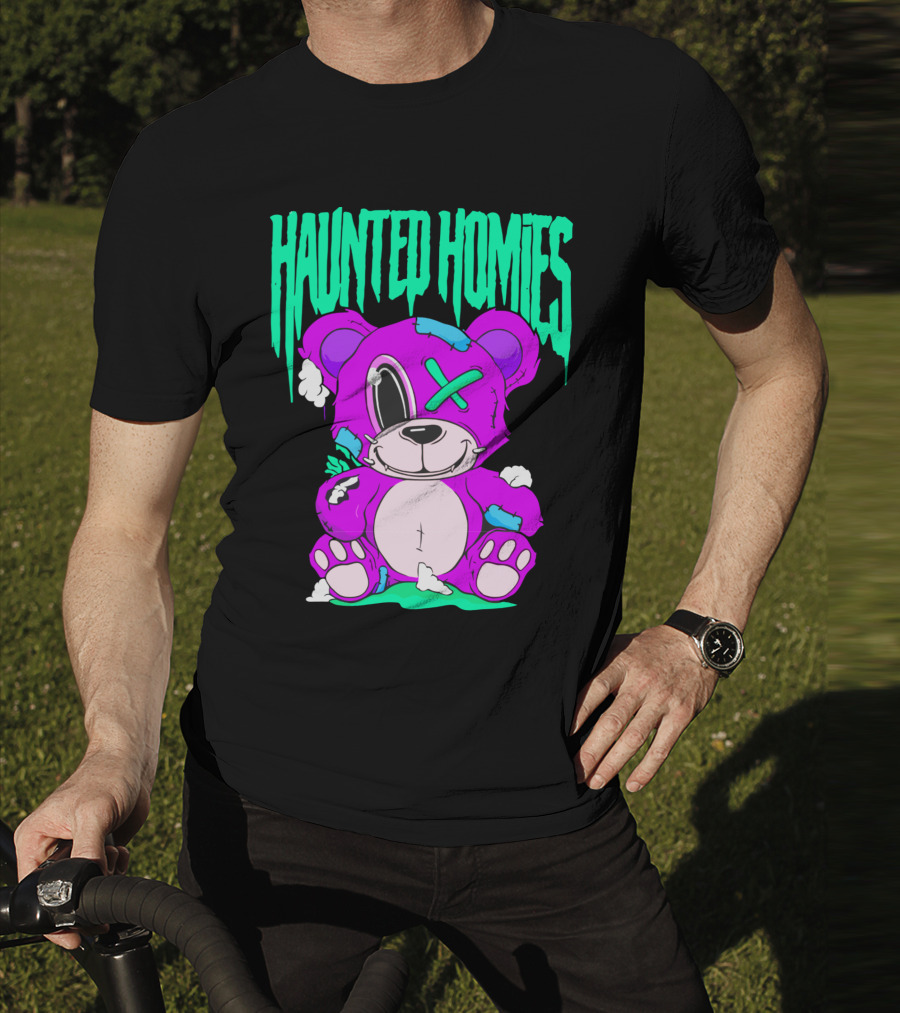 HAUNTED HOMIES Purple Teddy Bear Crossed Eye Patchwork T-Shirt