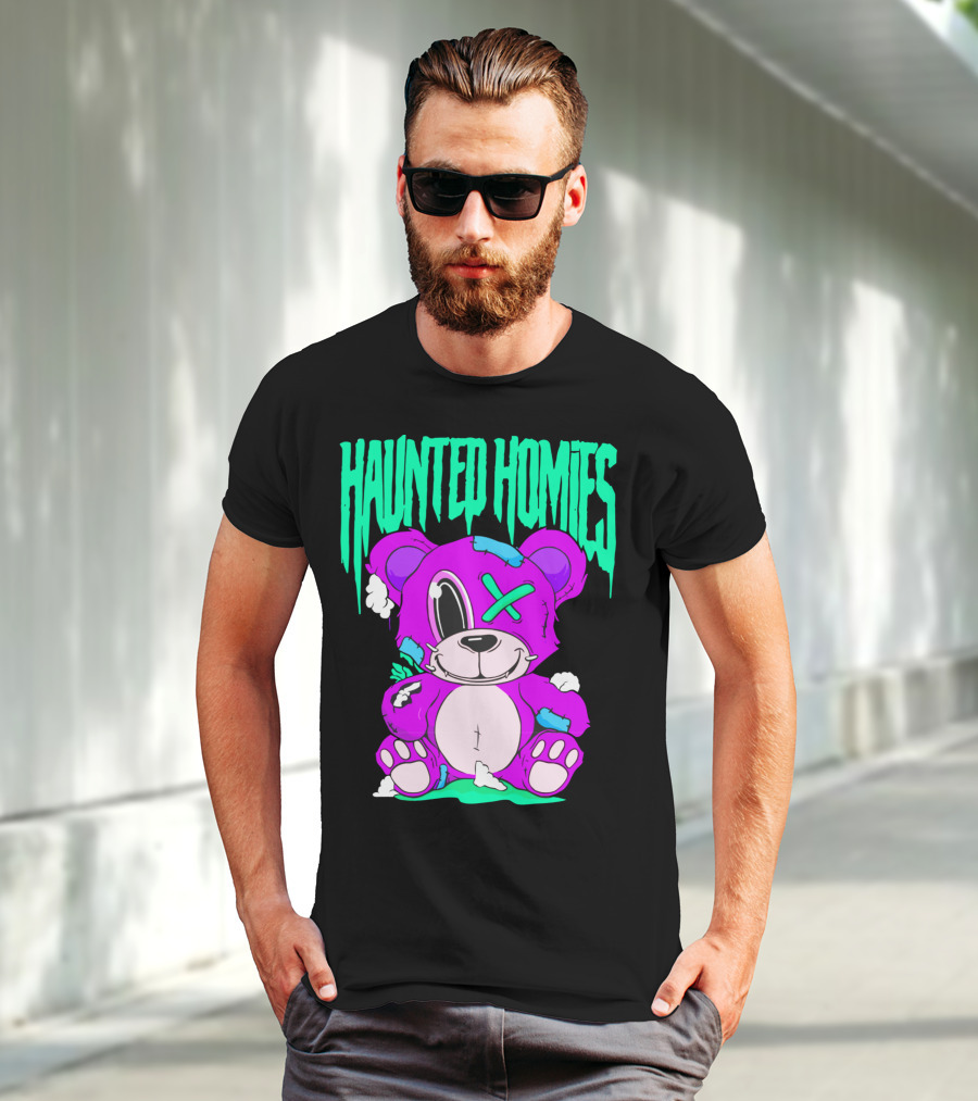HAUNTED HOMIES Purple Teddy Bear Crossed Eye Patchwork T-Shirt