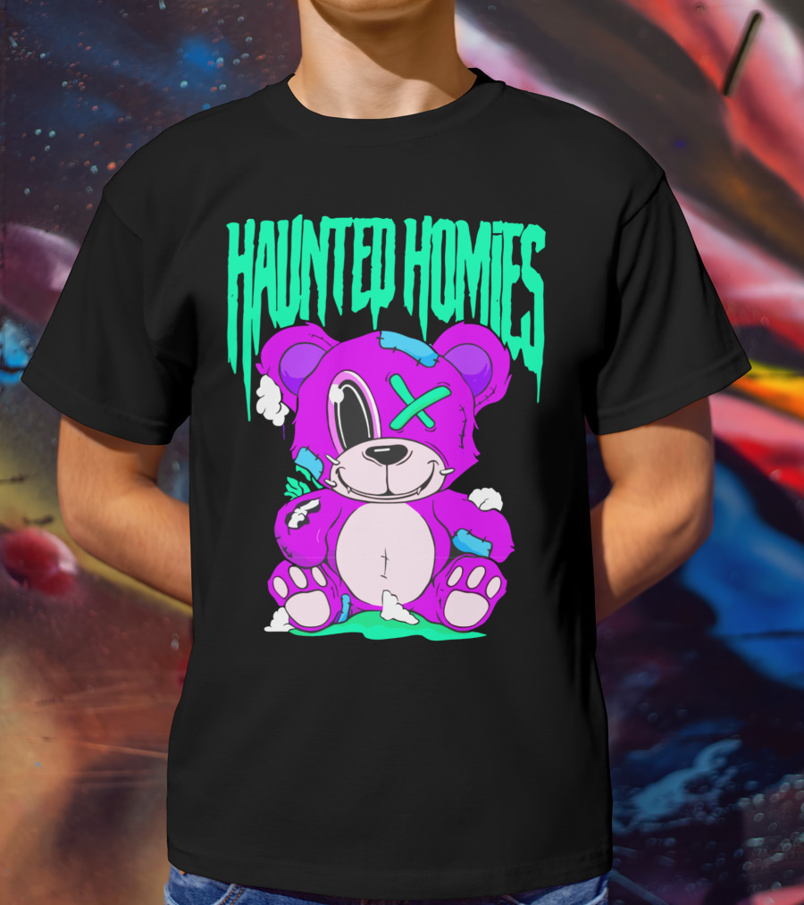 HAUNTED HOMIES Purple Teddy Bear Crossed Eye Patchwork T-Shirt