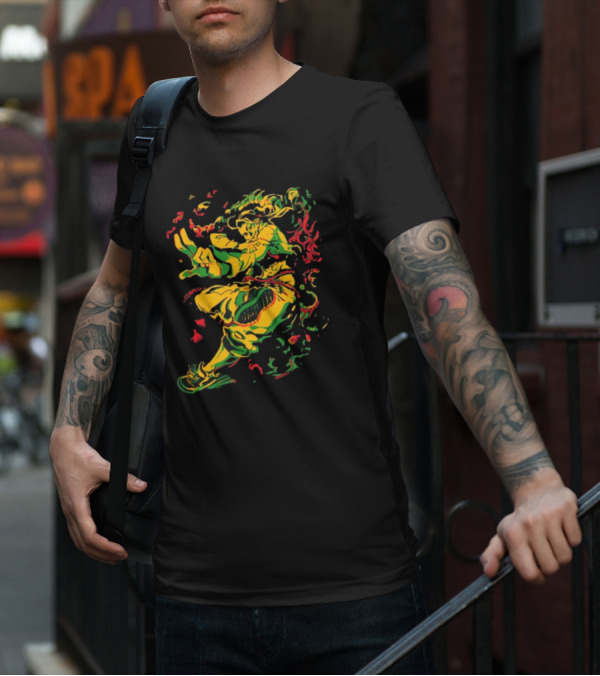 Theyetee Jamie Street Fighter Character Dynamic Pose With Colorful Energy Explosion T-Shirt