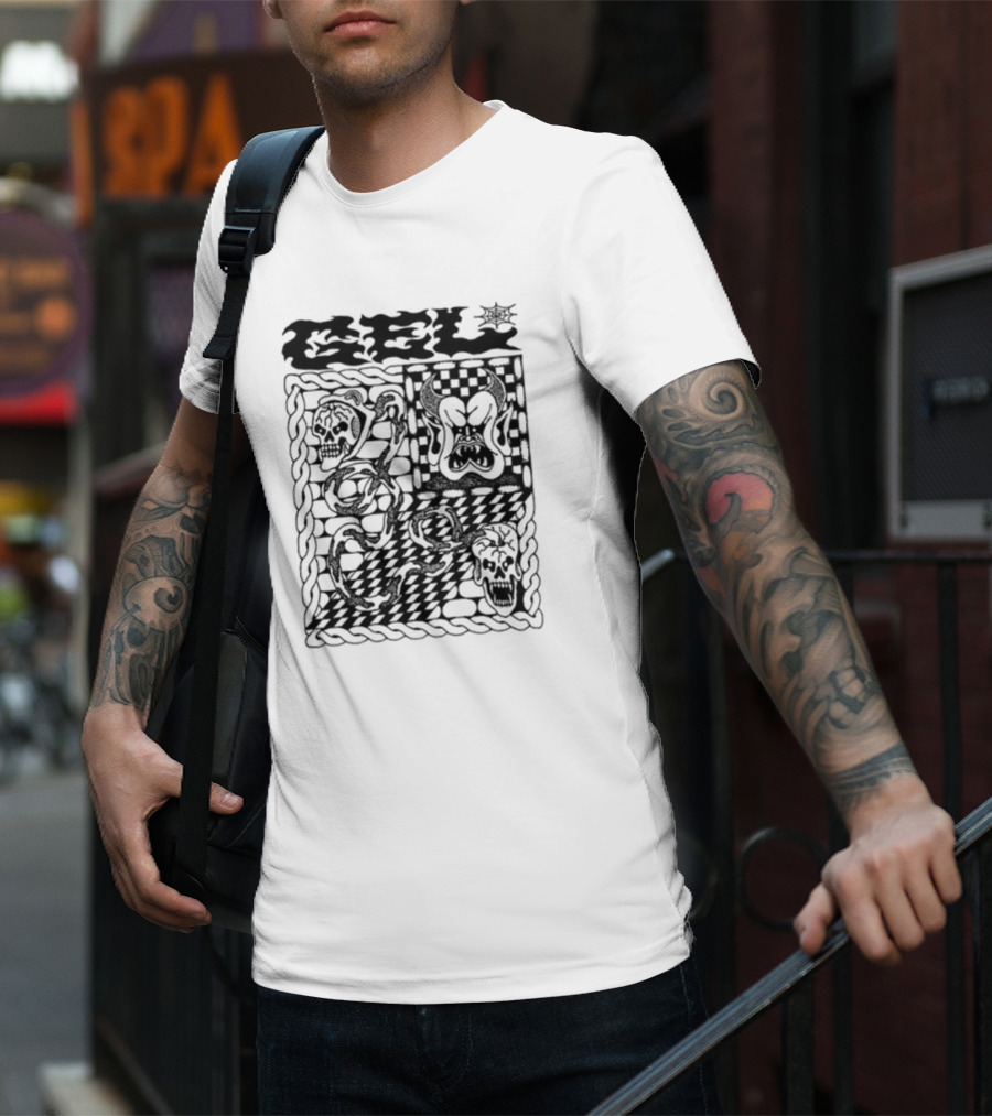 Gel Skull Chains Flames Checkered T-Shirt