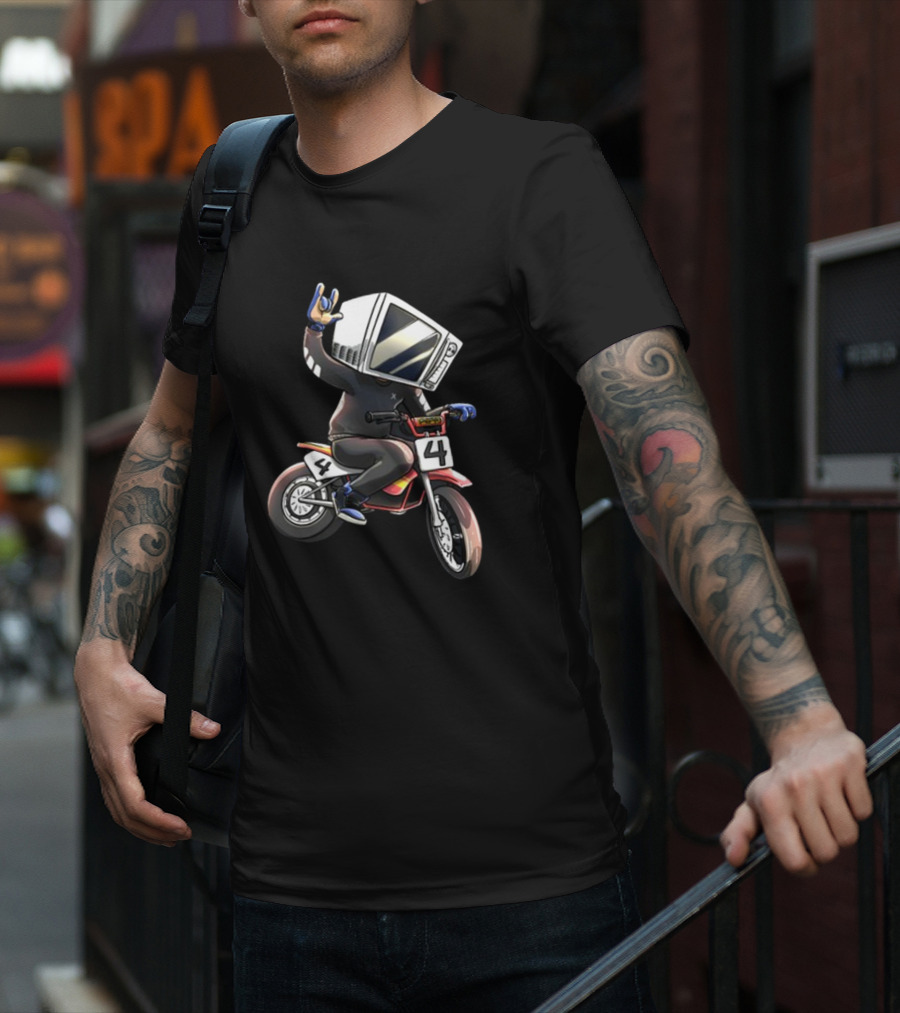 Makethehoodsmile Microwave Man Riding Number 4 Motorcycle T-Shirt