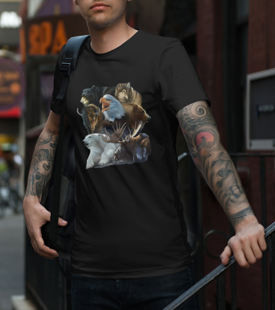 Wild Animal Collage Bear Wolf Eagle Moose Bison Polar Bear Crewneck T-Shirt