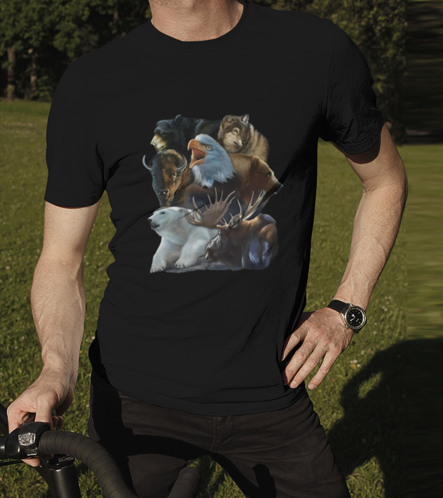Wild Animal Collage Bear Wolf Eagle Moose Bison Polar Bear Crewneck T-Shirt