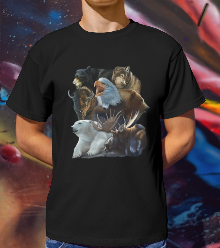 Wild Animal Collage Bear Wolf Eagle Moose Bison Polar Bear Crewneck T-Shirt