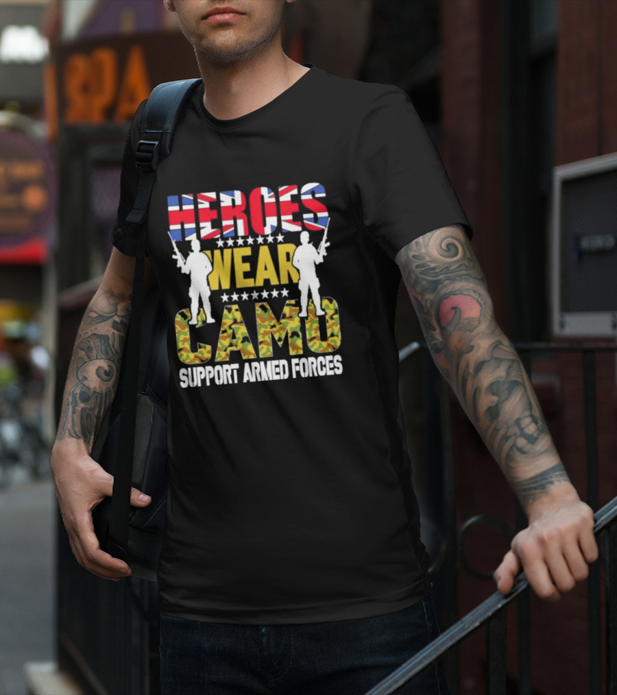 Heroes Wear Camo Support Armed Forces UK Flag T-Shirt