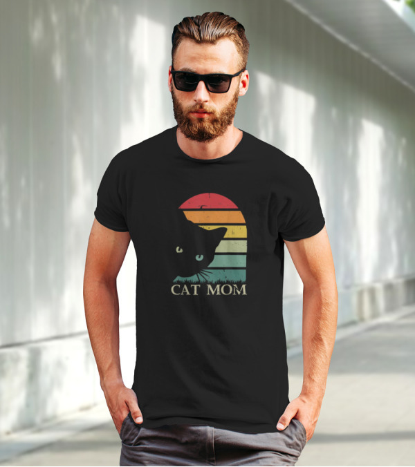 Vintage Cat Mom For Women Funny Cat Mom Mother Retro Sunset Cat T-Shirt