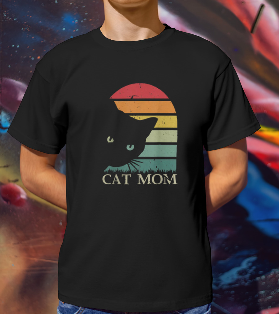 Vintage Cat Mom For Women Funny Cat Mom Mother Retro Sunset Cat T-Shirt