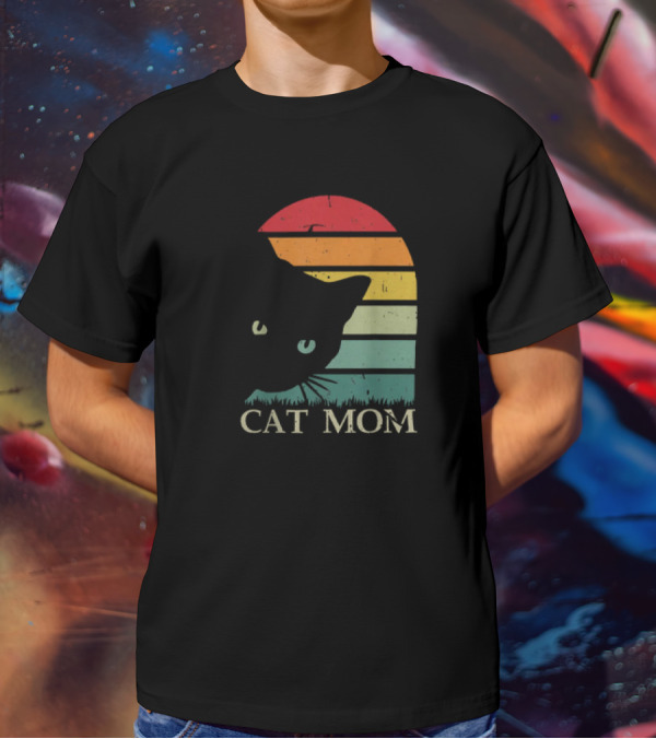 Vintage Cat Mom For Women Funny Cat Mom Mother Retro Sunset Cat T-Shirt