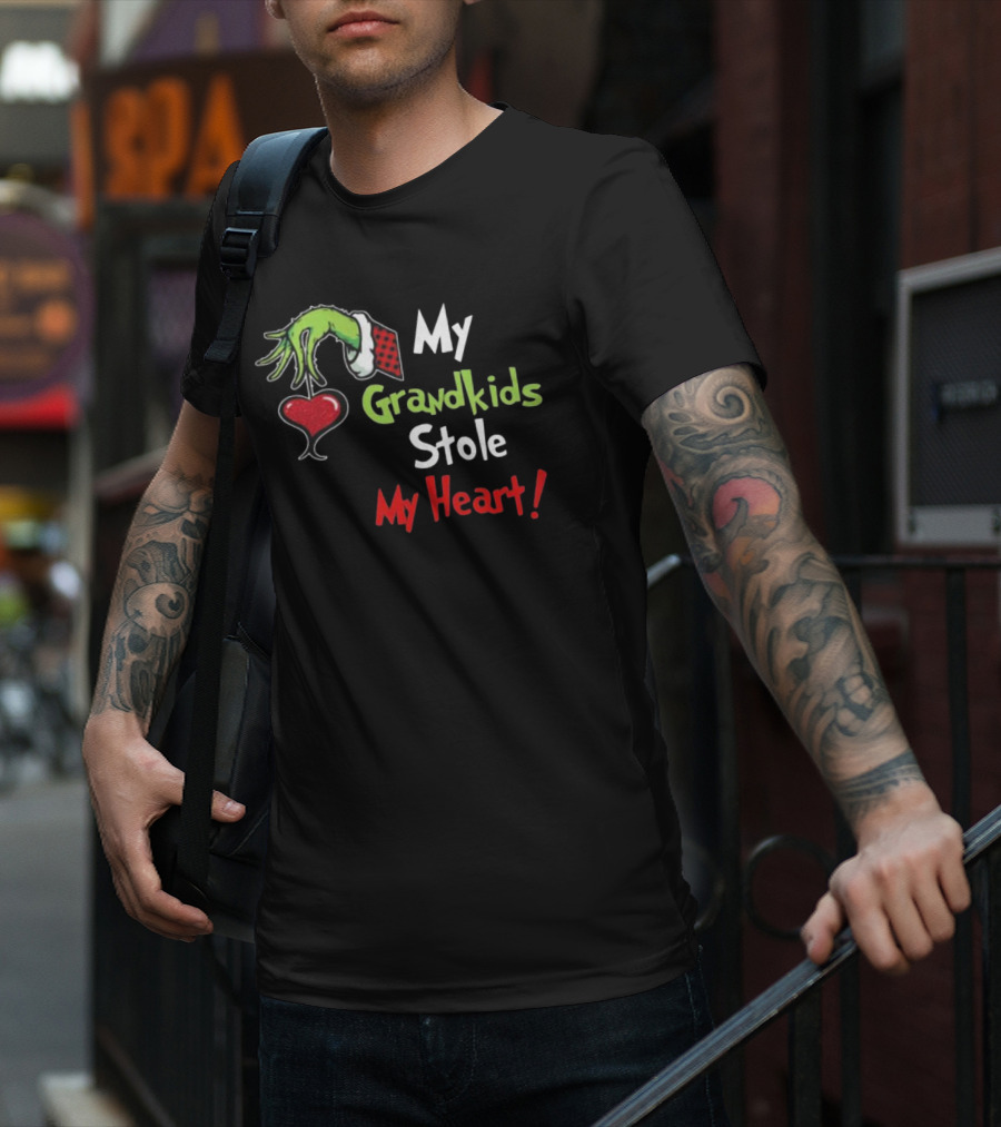 Grinch Green Monster Christmas My Grandkids Stole My Heart Kids Textured Sleeves T-Shirt