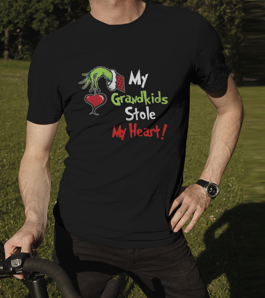 Grinch Green Monster Christmas My Grandkids Stole My Heart Kids Textured Sleeves T-Shirt