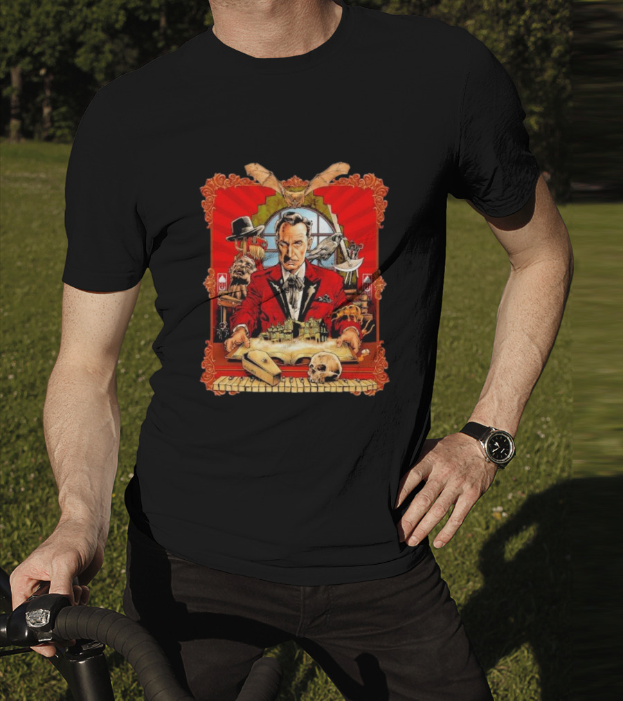 Vincent Price Red Suit Macabre Collection With Bats, Skulls, And Haunted Mansion T-Shirt