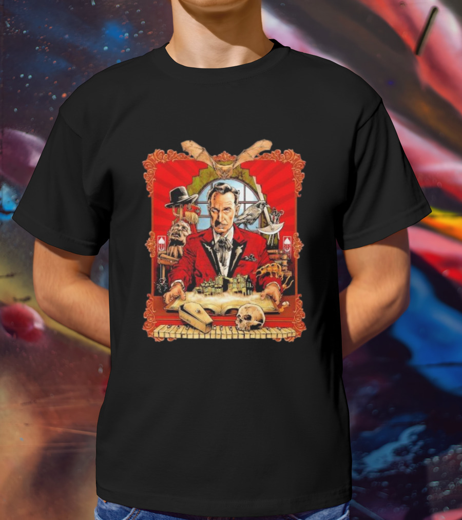 Vincent Price Red Suit Macabre Collection With Bats, Skulls, And Haunted Mansion T-Shirt