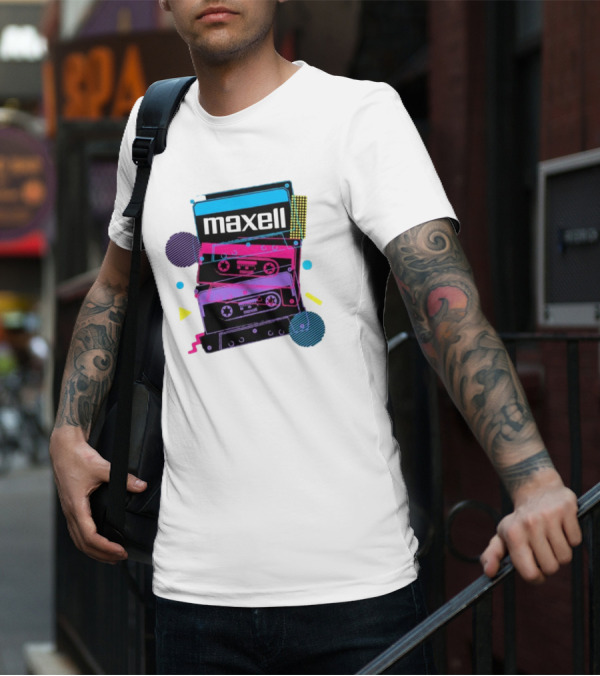 Maxell Retro Cassette Stack Vibrant Neon Aesthetic T-Shirt