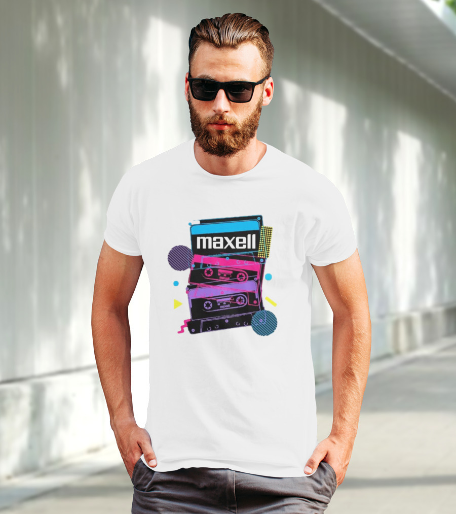 Maxell Retro Cassette Stack Vibrant Neon Aesthetic T-Shirt