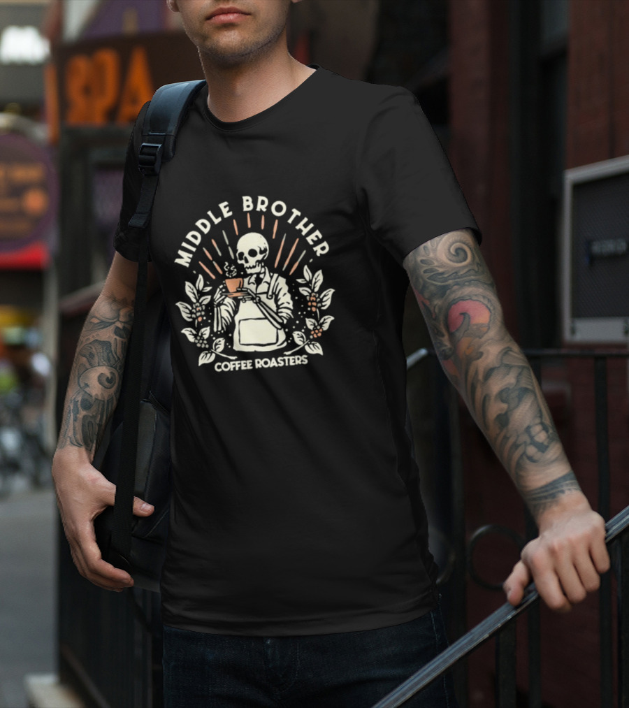 Middle Brother Coffee Roasters Skeleton Barista Holding Coffee Cup T-Shirt