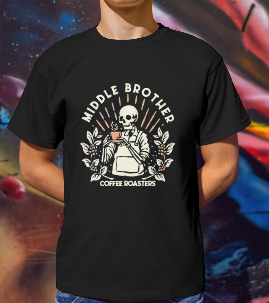 Middle Brother Coffee Roasters Skeleton Barista Holding Coffee Cup T-Shirt