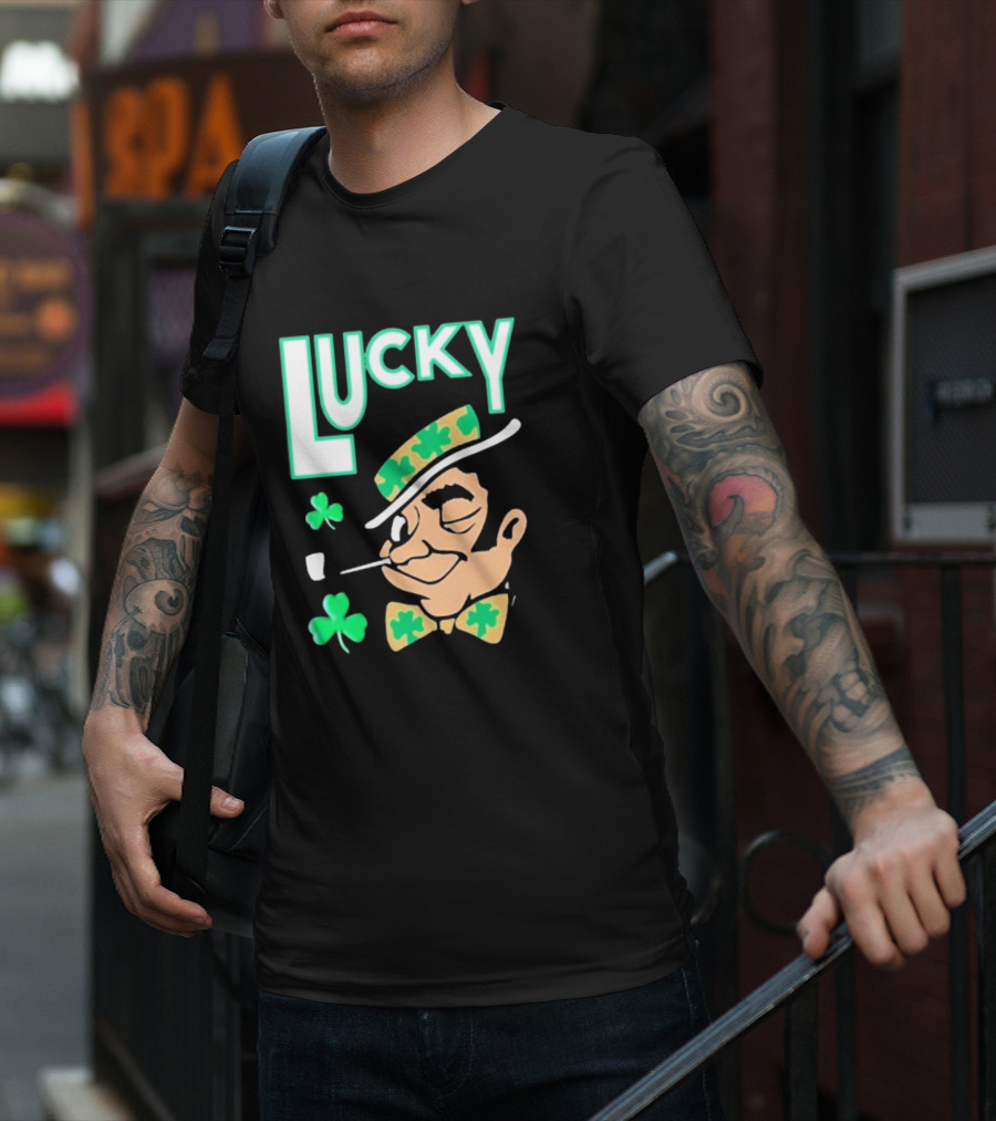 Boston Celtics Lucky The Leprechaun Shamrock Winking Pipe T-Shirt