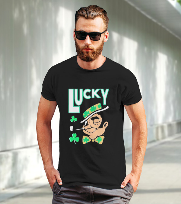 Boston Celtics Lucky The Leprechaun Shamrock Winking Pipe T-Shirt