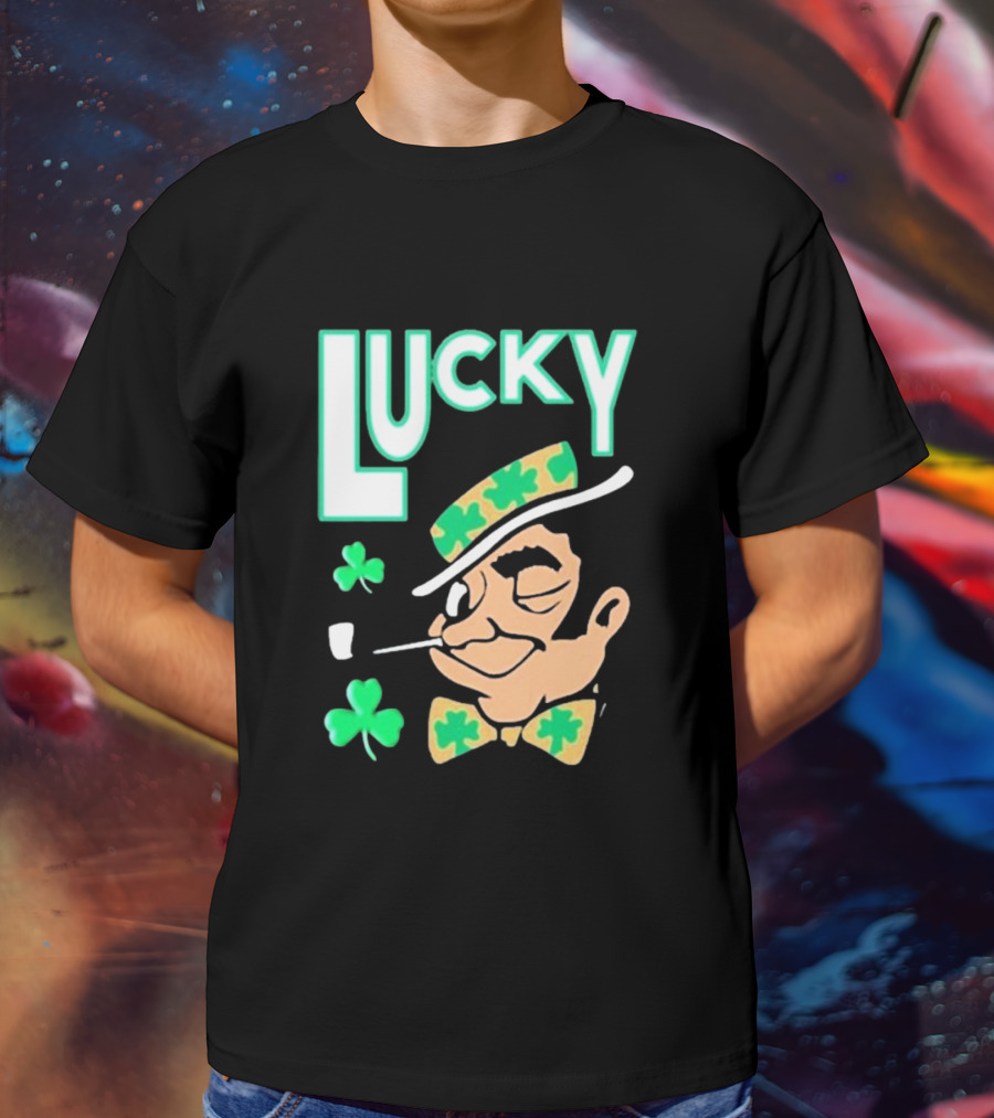 Boston Celtics Lucky The Leprechaun Shamrock Winking Pipe T-Shirt