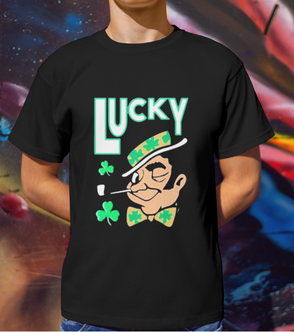 Boston Celtics Lucky The Leprechaun Shamrock Winking Pipe T-Shirt