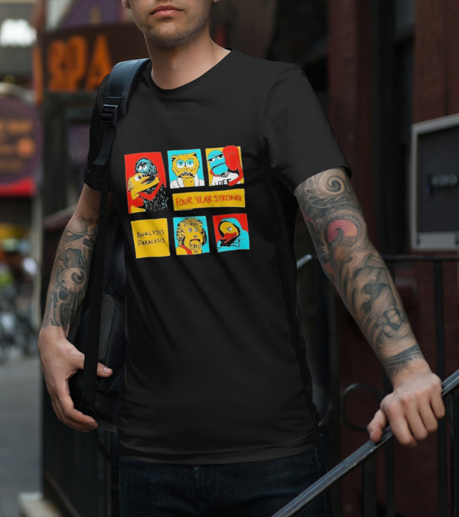 Four Year Strong Analysis Paralysis Characters In Colorful Panels T-Shirt