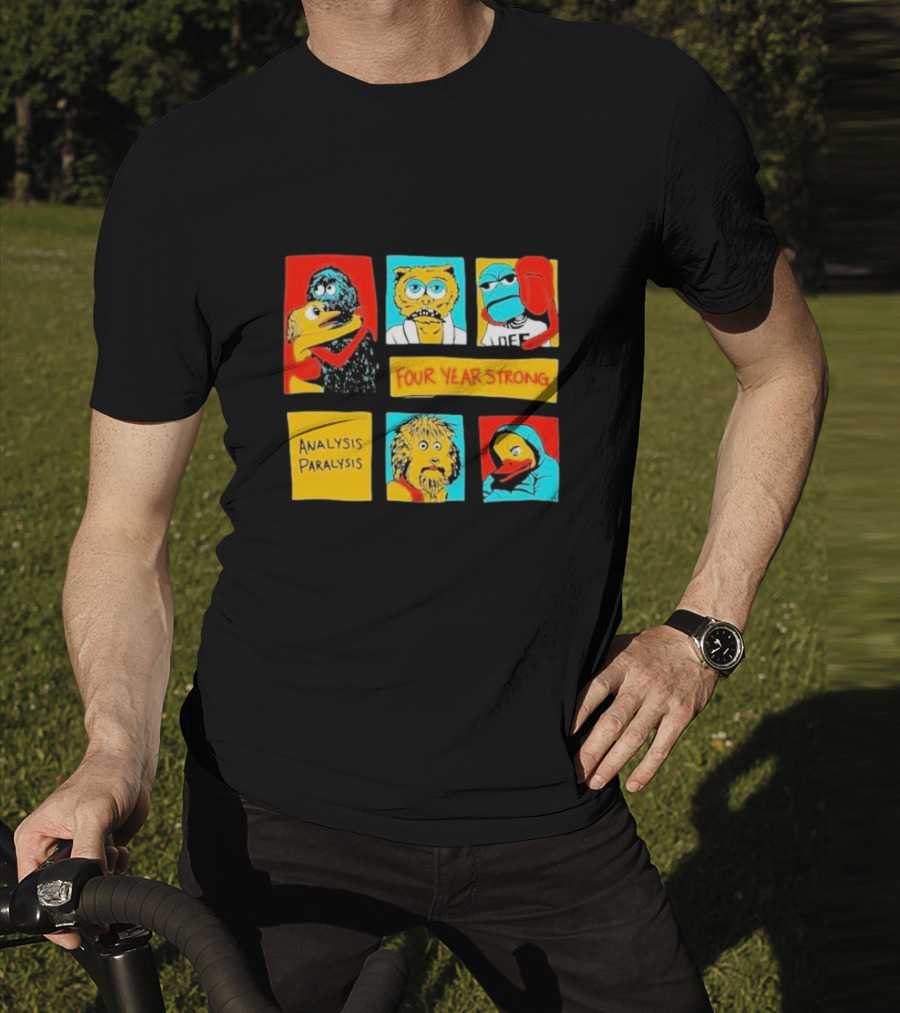 Four Year Strong Analysis Paralysis Characters In Colorful Panels T-Shirt