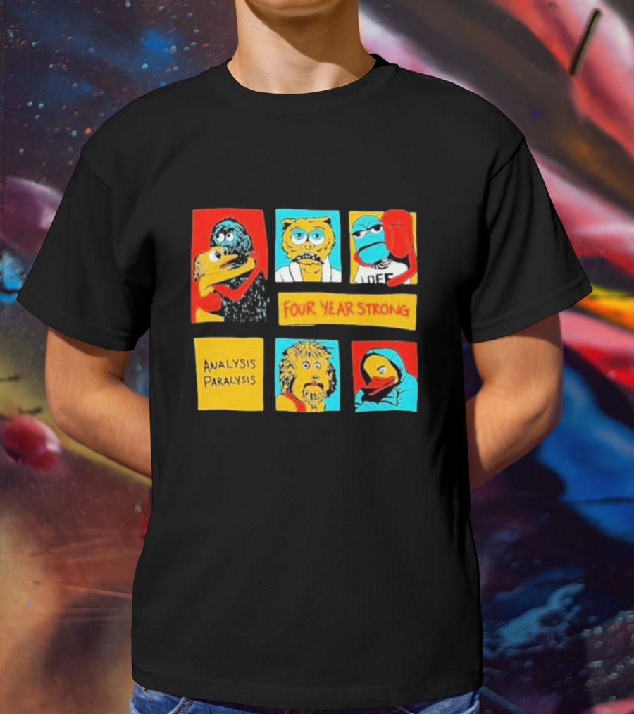 Four Year Strong Analysis Paralysis Characters In Colorful Panels T-Shirt