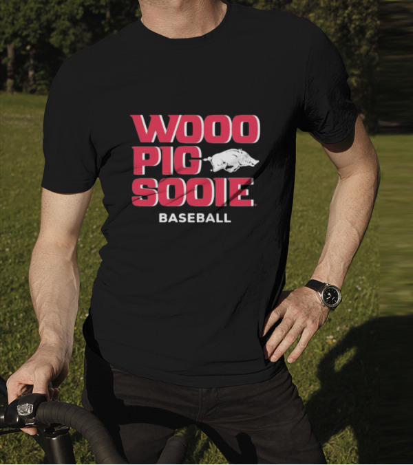 Wooo Pig Sooie Arkansas Baseball Black Pig T-Shirt