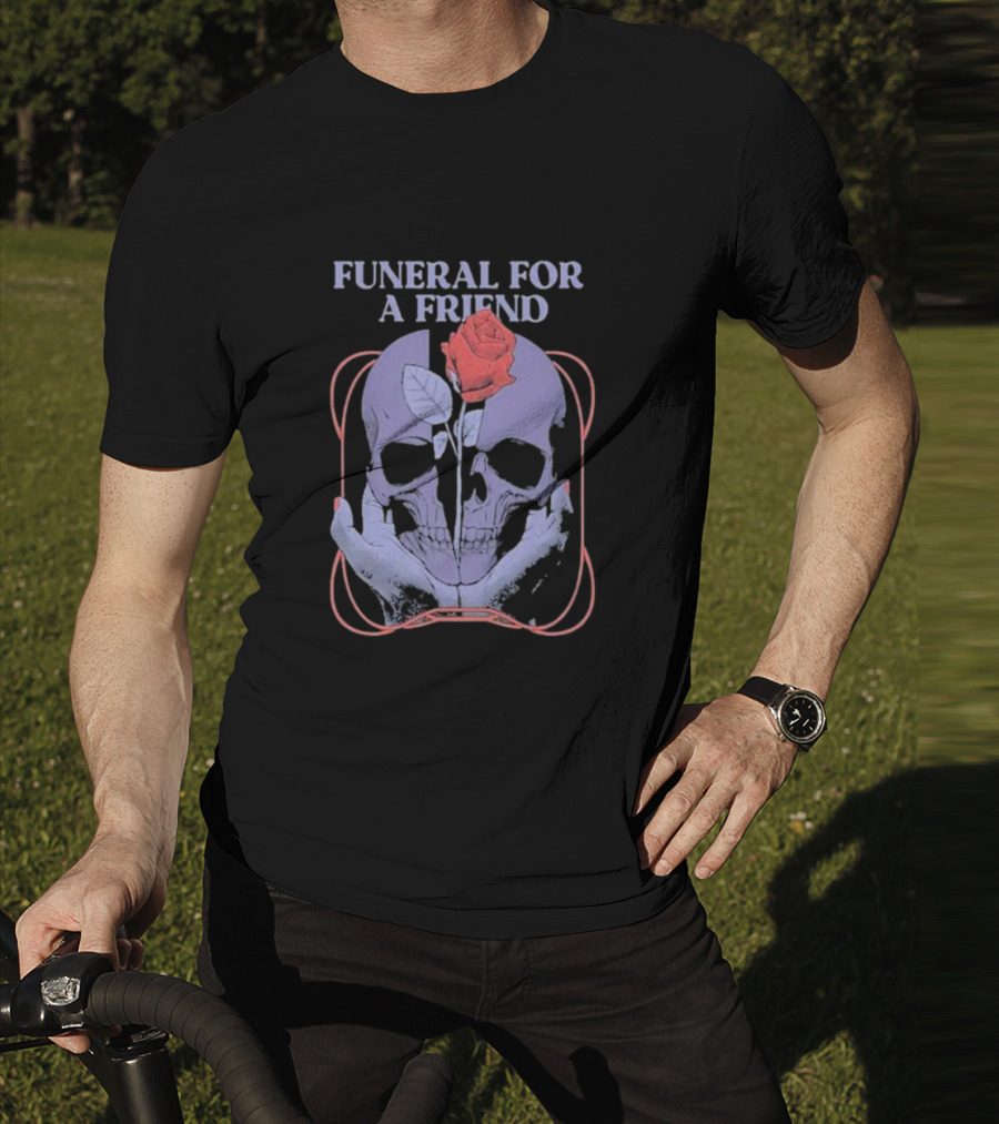 FUNERAL FOR A FRIEND SKULL ROSE DOUBLE HAND HOLDING SYMBOLISM T-Shirt