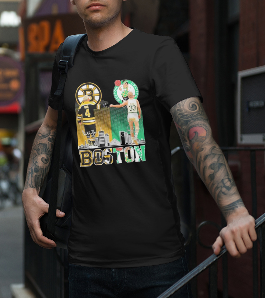 Bobby Orr Boston Bruins Larry Bird Boston Celtics Skyline Signatures Logos And Boston Text T-Shirt