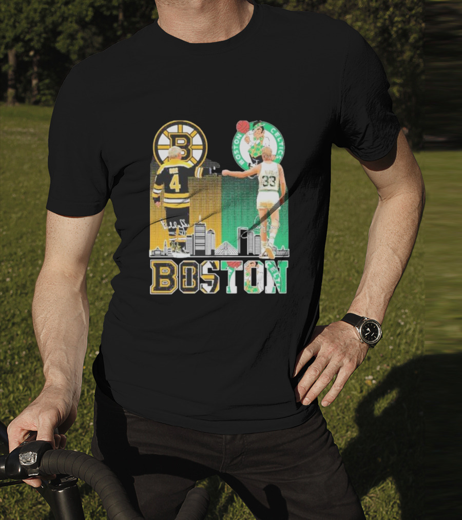 Bobby Orr Boston Bruins Larry Bird Boston Celtics Skyline Signatures Logos And Boston Text T-Shirt
