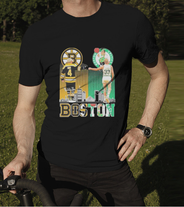 Bobby Orr Boston Bruins Larry Bird Boston Celtics Skyline Signatures Logos And Boston Text T-Shirt
