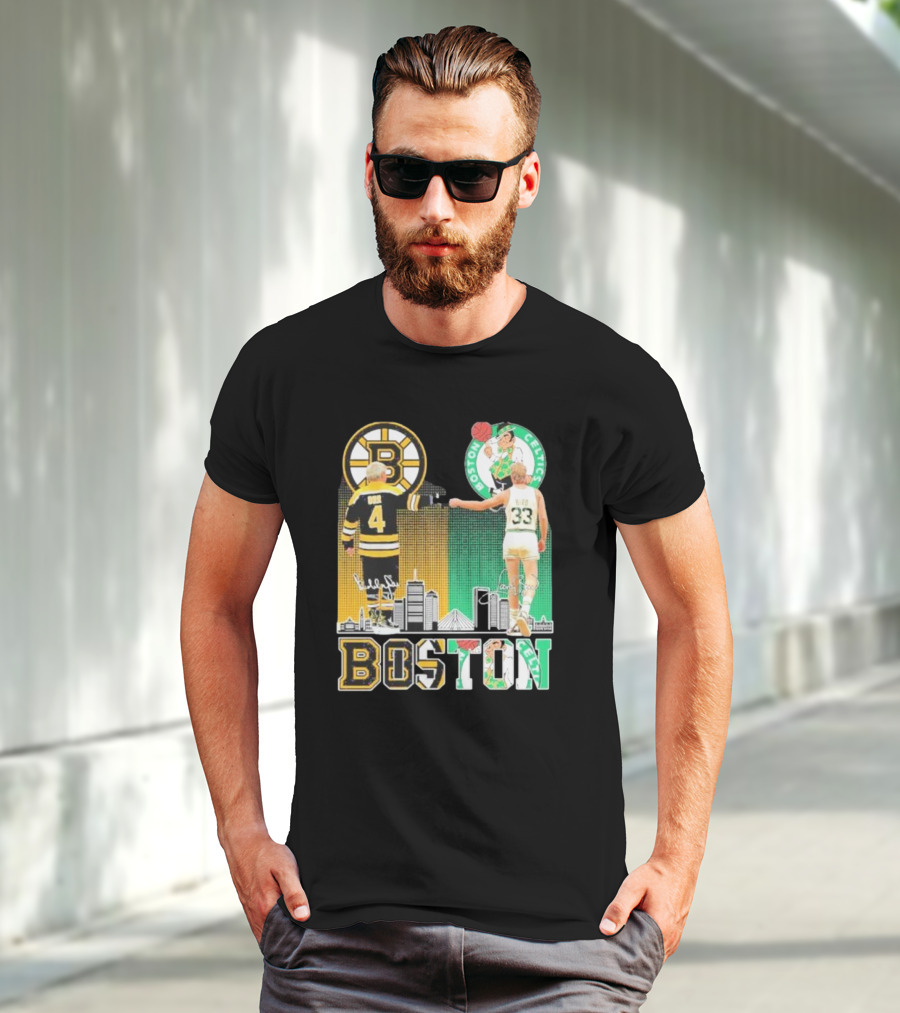 Bobby Orr Boston Bruins Larry Bird Boston Celtics Skyline Signatures Logos And Boston Text T-Shirt