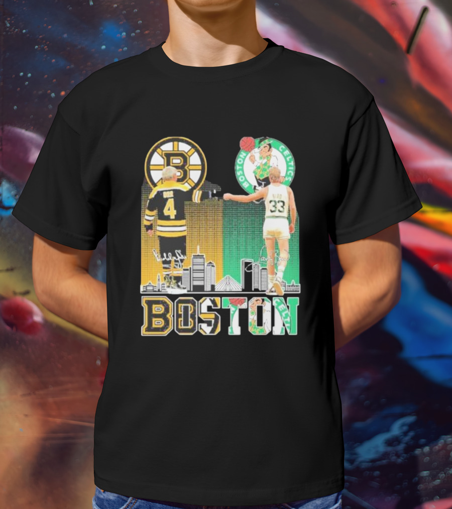 Bobby Orr Boston Bruins Larry Bird Boston Celtics Skyline Signatures Logos And Boston Text T-Shirt