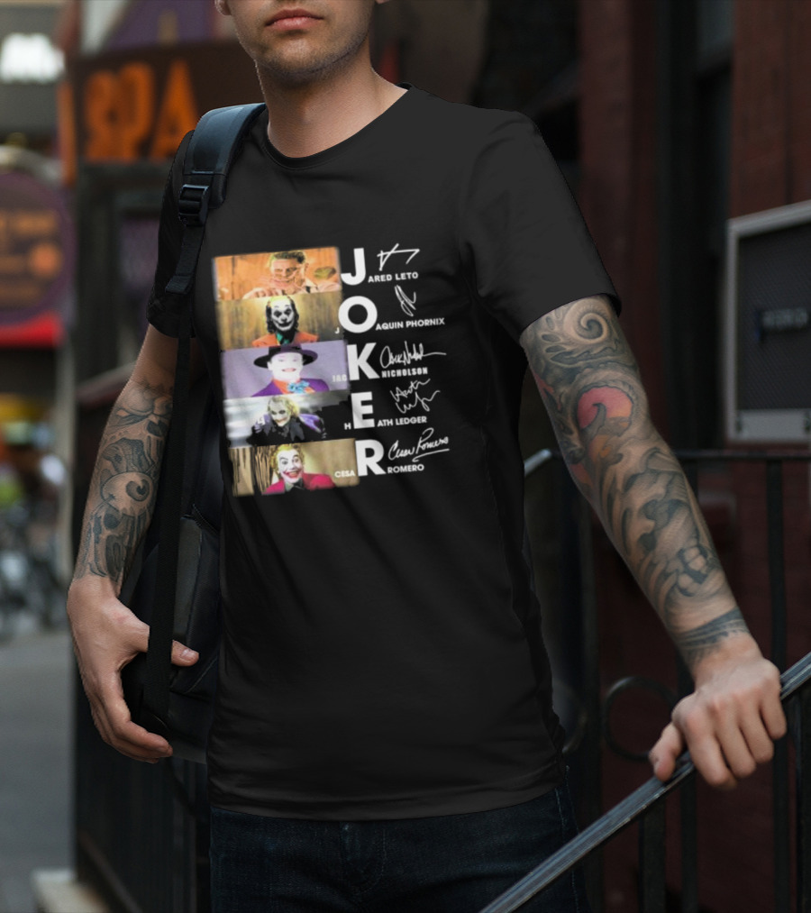 Joker Jared Leto Joaquin Phoenix Jack Nicholson Heath Ledger Cesar Romero Signatures DC Comics Movies All Stars Eras T-Shirt