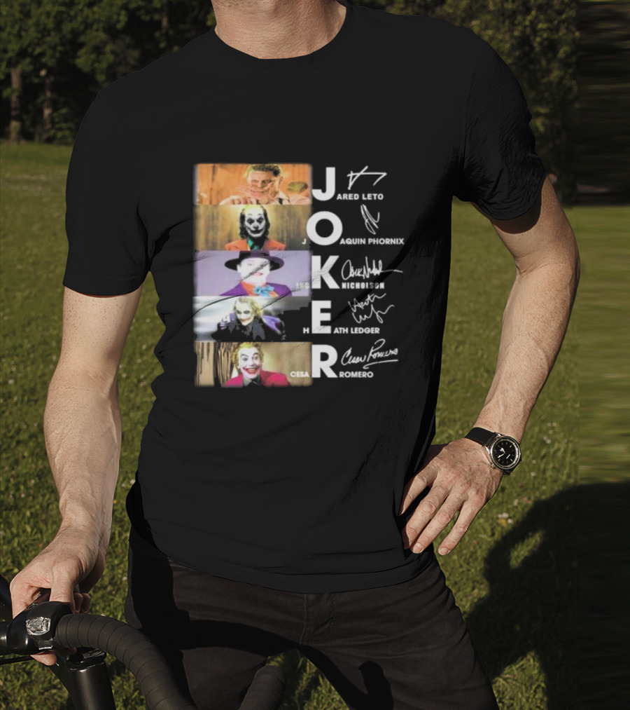 Joker Jared Leto Joaquin Phoenix Jack Nicholson Heath Ledger Cesar Romero Signatures DC Comics Movies All Stars Eras T-Shirt