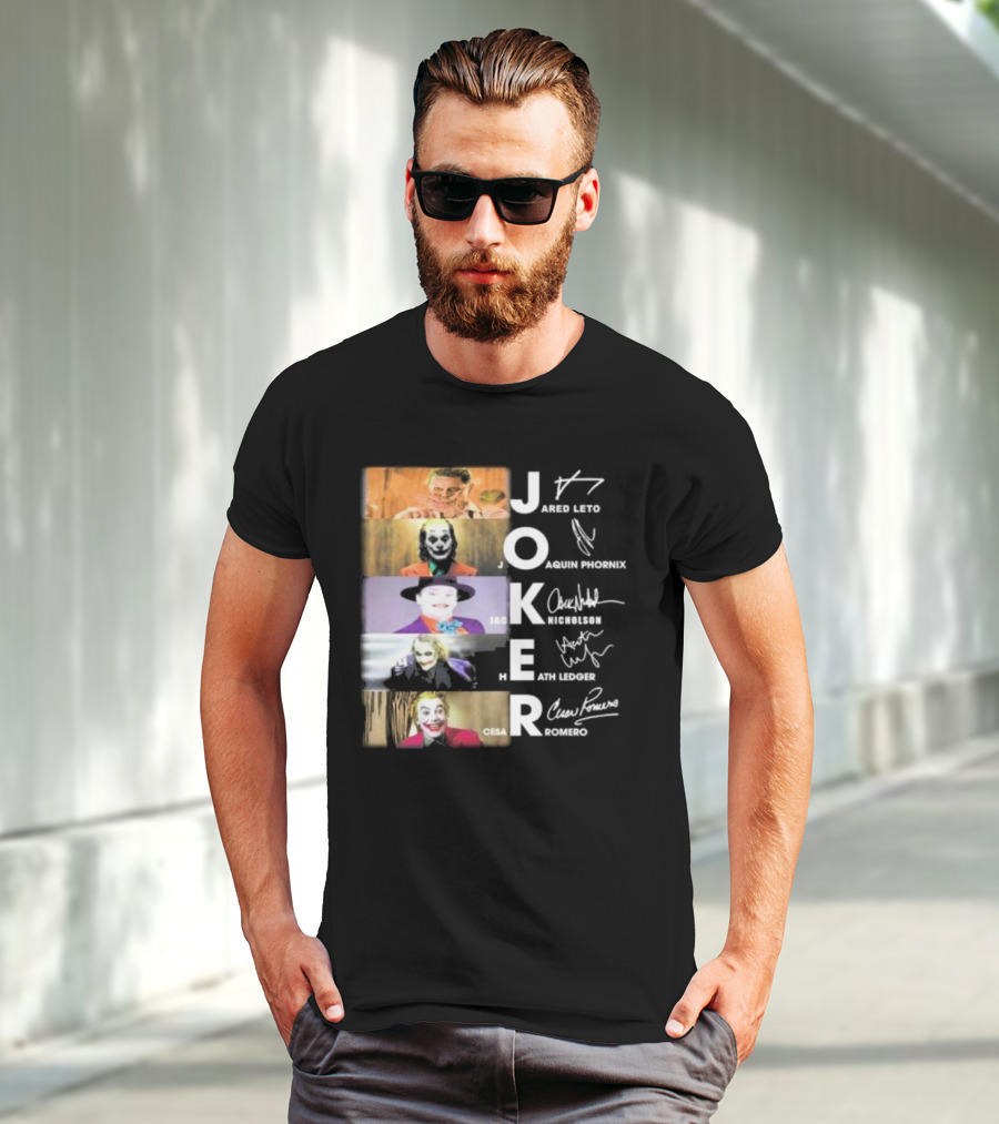 Joker Jared Leto Joaquin Phoenix Jack Nicholson Heath Ledger Cesar Romero Signatures DC Comics Movies All Stars Eras T-Shirt