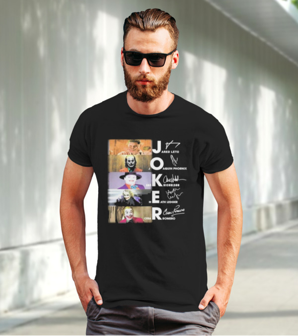 Joker Jared Leto Joaquin Phoenix Jack Nicholson Heath Ledger Cesar Romero Signatures DC Comics Movies All Stars Eras T-Shirt