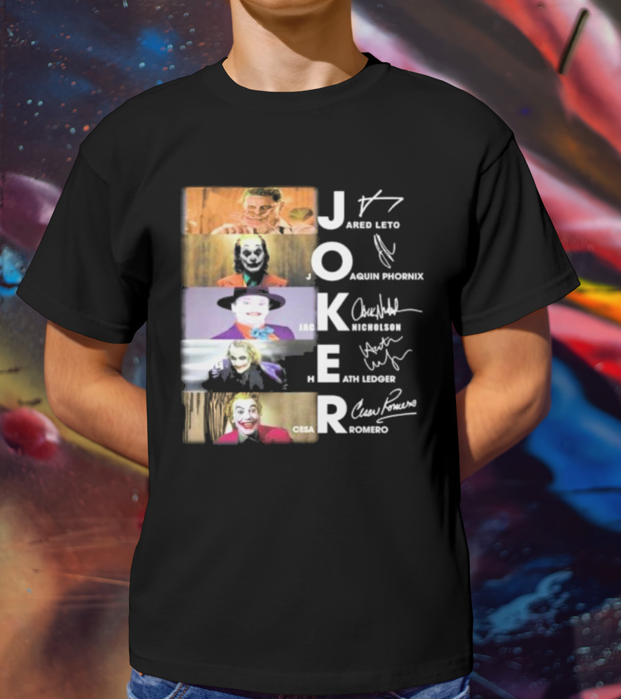 Joker Jared Leto Joaquin Phoenix Jack Nicholson Heath Ledger Cesar Romero Signatures DC Comics Movies All Stars Eras T-Shirt