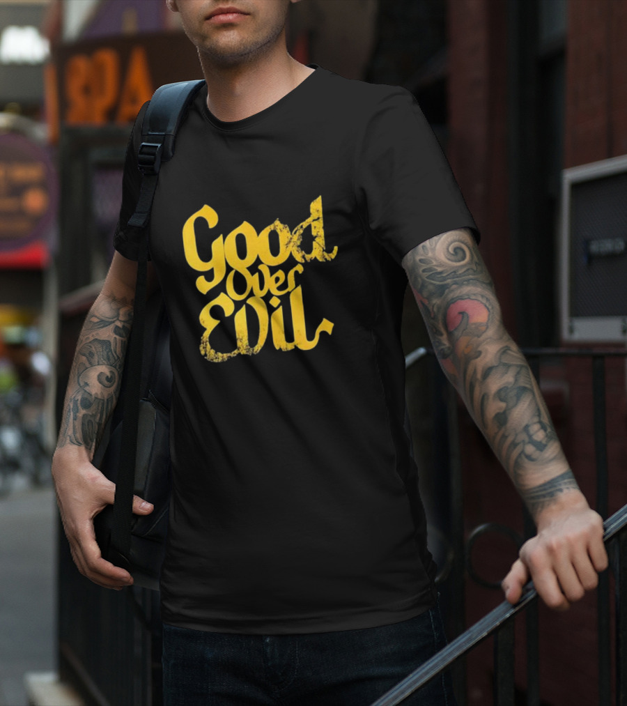 Good Over Evil Yellow Grunge Typography T-Shirt