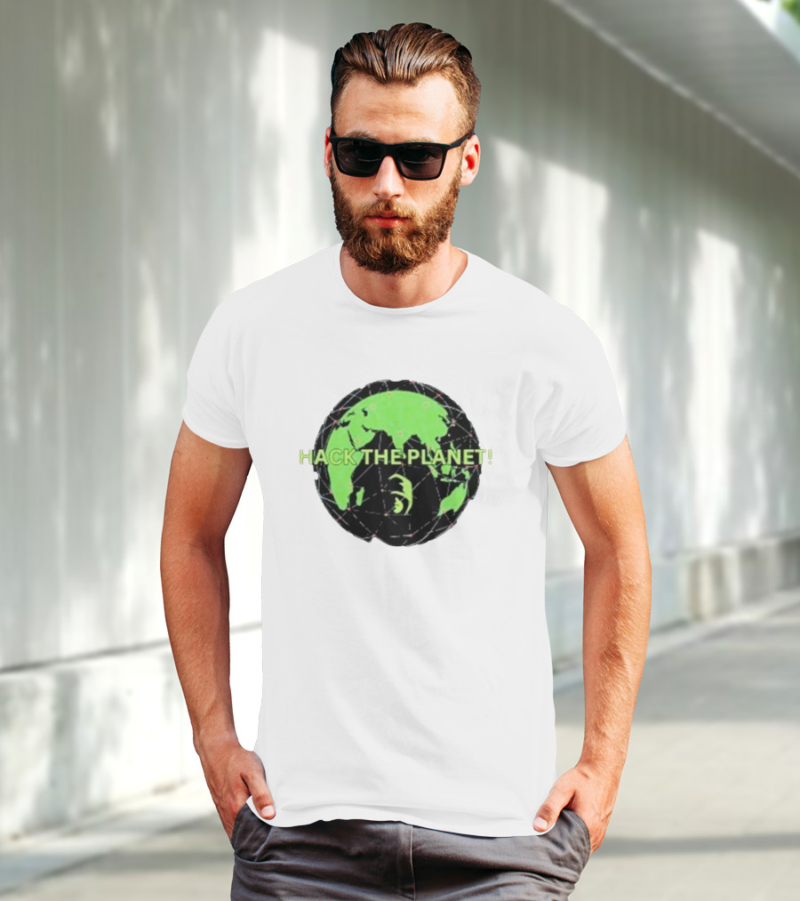 Hack The Planet Green And Black Globe Motif T-Shirt