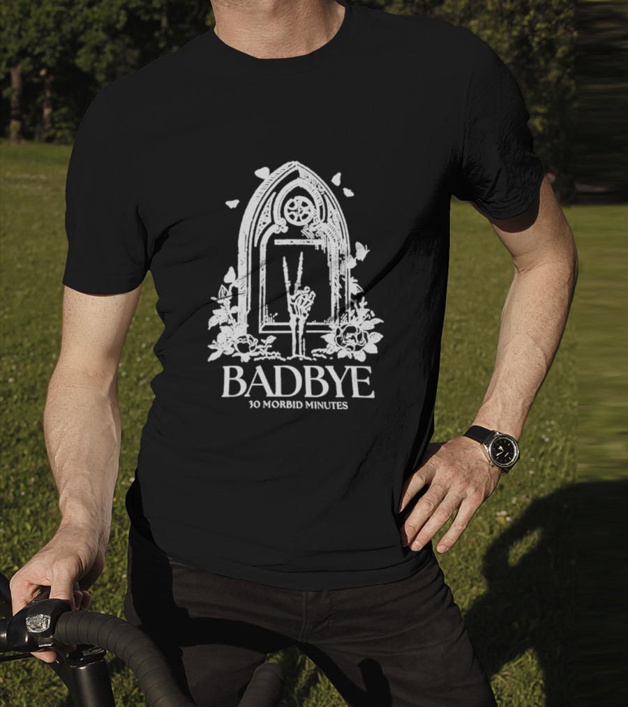 Badbye 30 Morbid Minutes Gothic Tombstone Hand Symbol With Roses And Butterflies T-Shirt