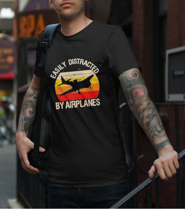 Easily Distracted By Airplanes Vintage Sunset T-Shirt
